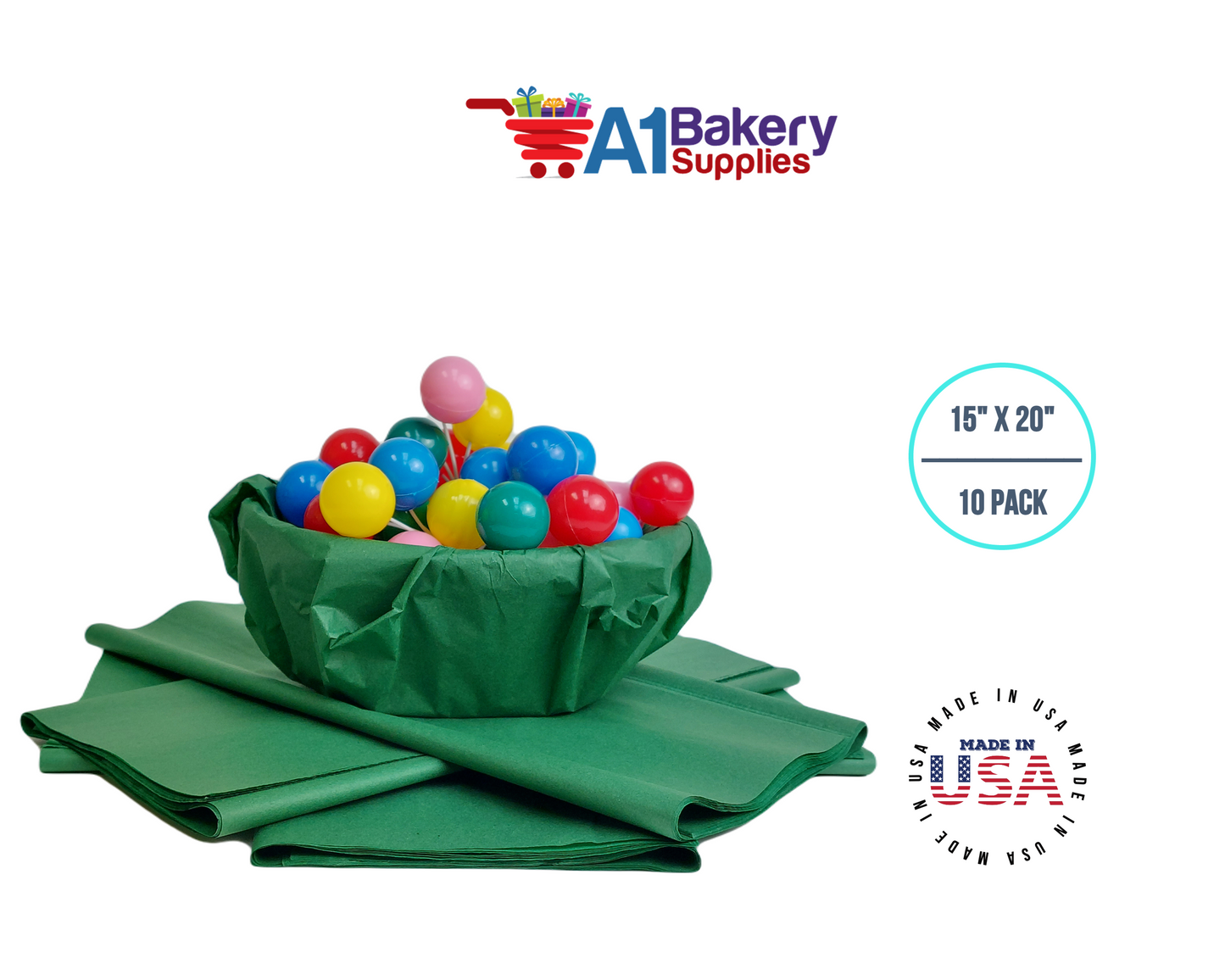 Holiday Green Tissue Paper Squares, Bulk 10 Sheets, Premium Gift Wrap and Art Supplies for Birthdays, Holidays, or Presents by A1BakerySupplies, Large 15 Inch x 20 Inch