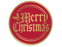 Christmas Seals And Labels - Merry Christmas Foil Gold & Red Seals 2" Round - 50 Labels