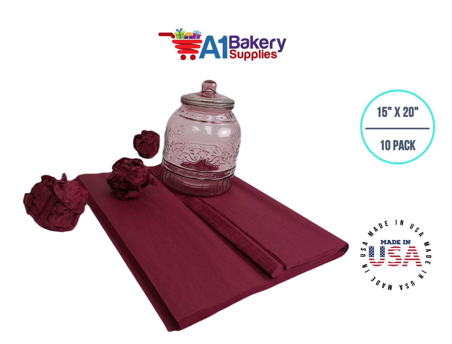 Burgundy Tissue Paper Squares, Bulk 10 Sheets, Premium Gift Wrap and Art Supplies for Birthdays, Holidays, or Presents by A1BakerySupplies, Large 15 Inch x 20 Inch