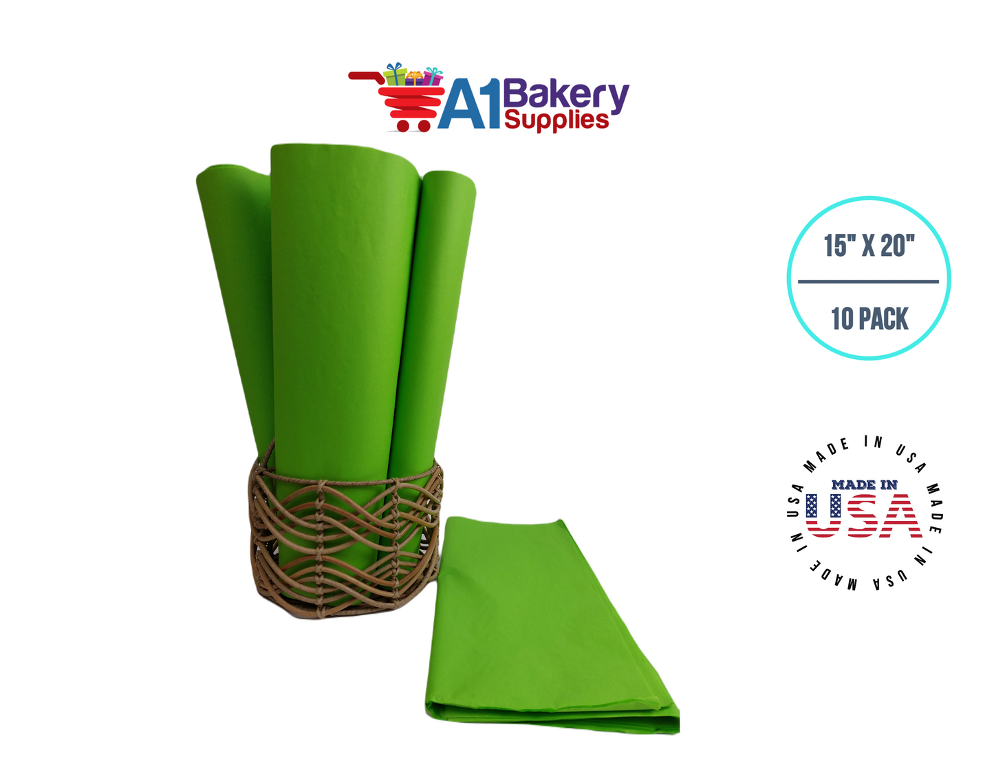 Bright Lime Tissue Paper Squares, Bulk 10 Sheets, Premium Gift Wrap and Art Supplies for Birthdays, Holidays, or Presents by A1BakerySupplies, Small 15 Inch x 20 Inch