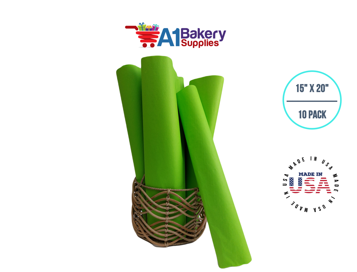 Bright Lime Tissue Paper Squares, Bulk 10 Sheets, Premium Gift Wrap and Art Supplies for Birthdays, Holidays, or Presents by A1BakerySupplies, Small 15 Inch x 20 Inch