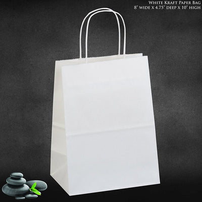 8"x4.75"x10" - 50 Pcs - White Kraft Paper Bags, Shopping, Mechandise, Party, Gift Bags