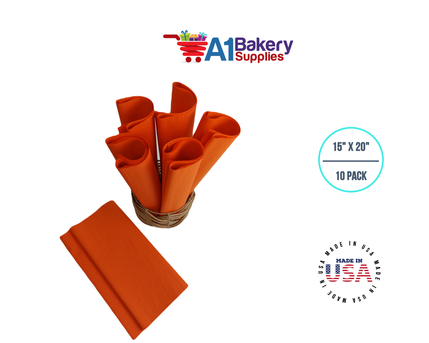 Orange Tissue Paper Squares, Bulk 10 Sheets, Premium Gift Wrap and Art Supplies for Birthdays, Holidays, or Presents by A1BakerySupplies, Large 15 Inch x 20 Inch