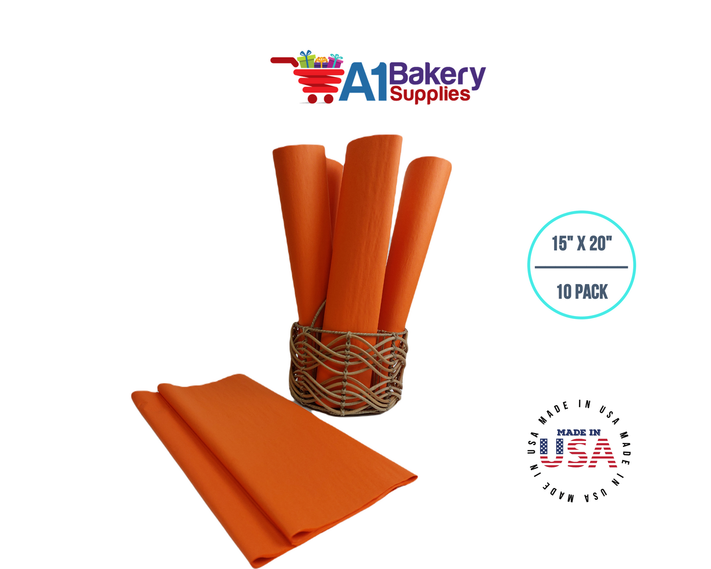Orange Tissue Paper Squares, Bulk 10 Sheets, Premium Gift Wrap and Art Supplies for Birthdays, Holidays, or Presents by A1BakerySupplies, Large 15 Inch x 20 Inch
