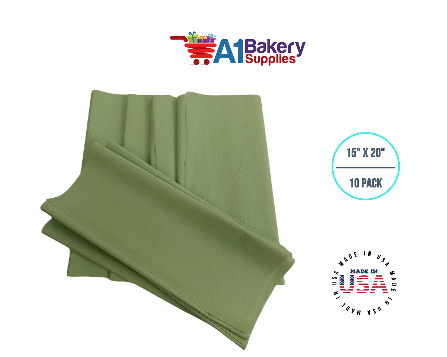 Sage Tissue Paper Squares, Bulk 10 Sheets, Premium Gift Wrap and Art Supplies for Birthdays, Holidays, or Presents by A1BakerySupplies, Small 15 Inch x 20 Inch
