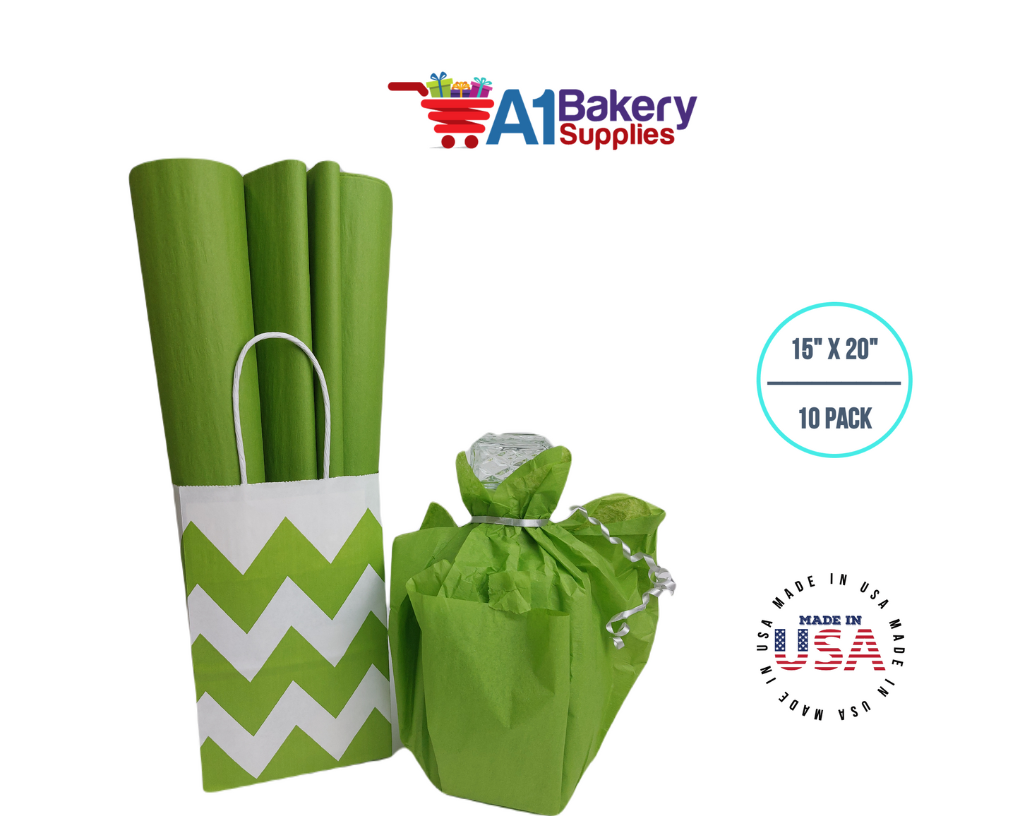 Oasis Green Tissue Paper Squares, Bulk 10 Sheets, Premium Gift Wrap and Art Supplies for Birthdays, Holidays, or Presents by A1BakerySupplies, Large 15 Inch x 20 Inch