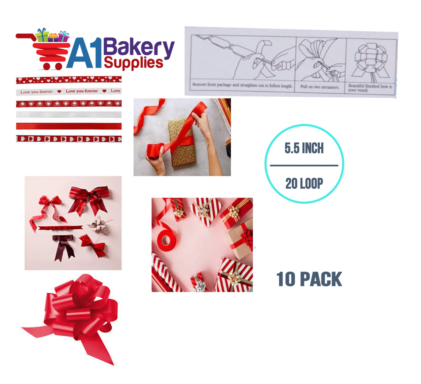 A1BakerySupplies 10 Pieces Pull Bow for Gift Wrapping Gift Bows Pull Bow With Ribbon for Wedding Gift Baskets, 5.5 Inch 20 Loop in Red Color
