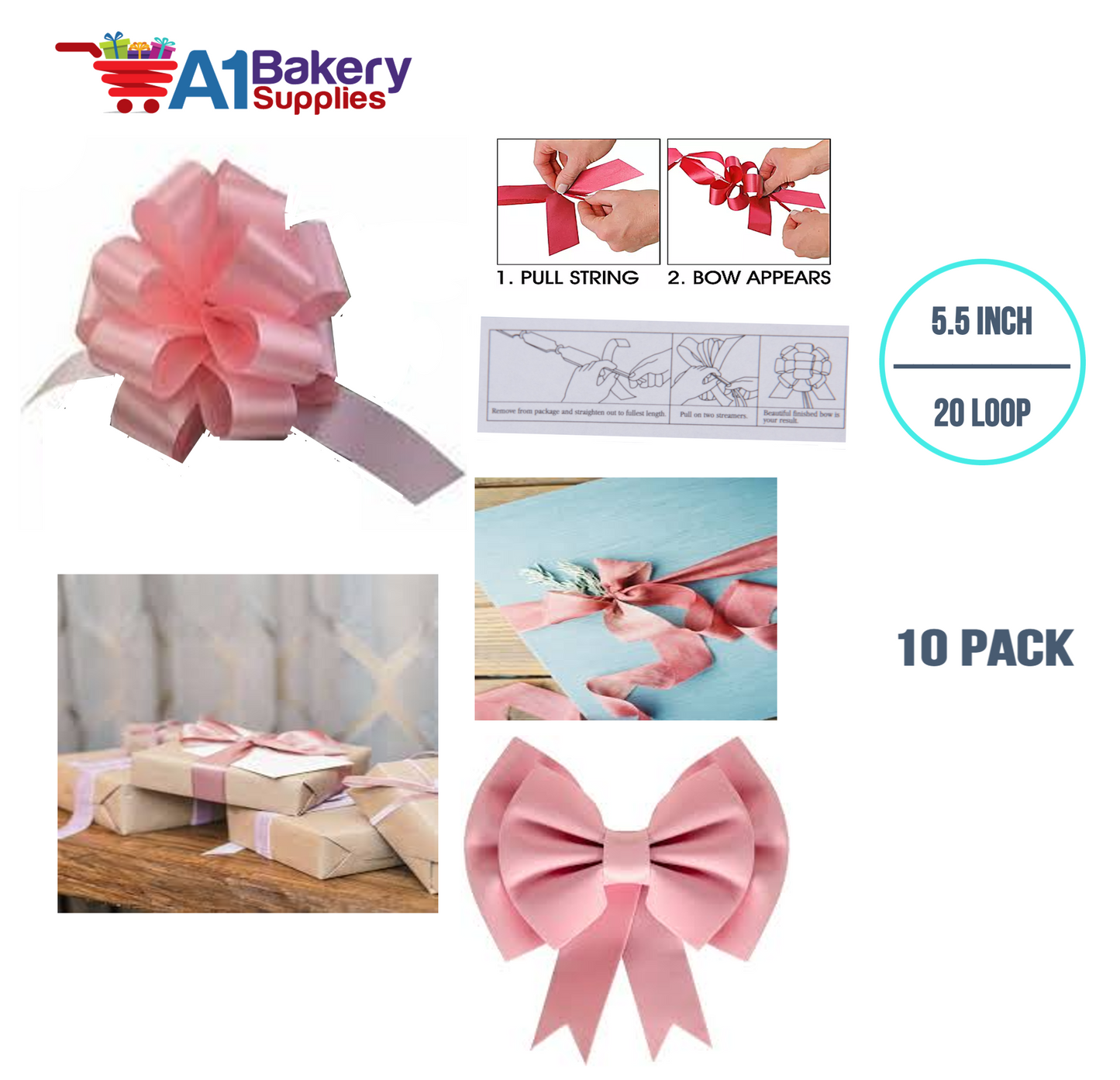 A1BakerySupplies 10 Pieces Pull Bow for Gift Wrapping Gift Bows Pull Bow With Ribbon for Wedding Gift Baskets, 5.5 Inch 20 Loop in Pink Color