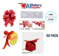 A1BakerySupplies 50 Pieces Pull Bow for Gift Wrapping Gift Bows Pull Bow With Ribbon for Wedding Gift Baskets, 8 Inch 20 Loop in Hot Red Flora Satin Color