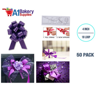 A1BakerySupplies 50 Pieces Pull Bow for Gift Wrapping Gift Bows Pull Bow With Ribbon for Wedding Gift Baskets, 4 Inch 18 Loop Purple Flora Satin Color