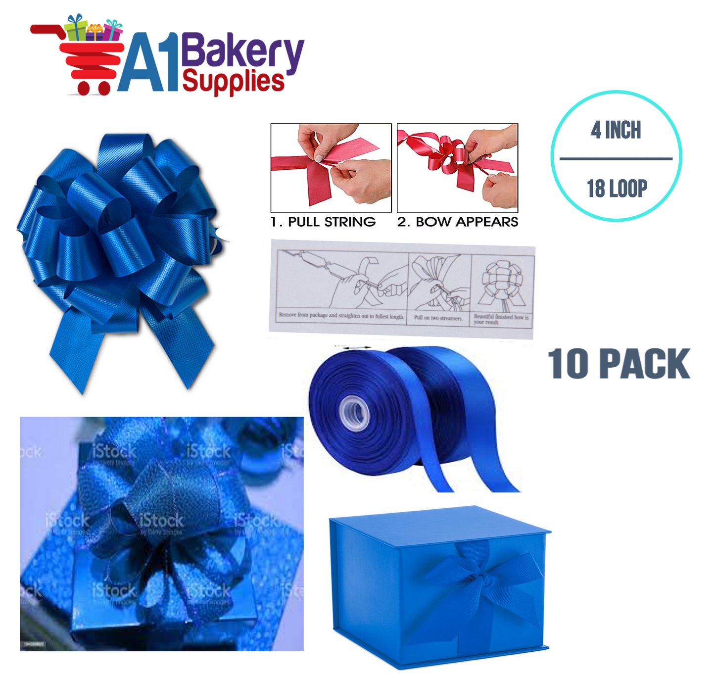 A1BakerySupplies 10 Pieces Pull Bow for Gift Wrapping Gift Bows Pull Bow With Ribbon for Wedding Gift Baskets, 4 Inch 18 Loop Royal Blue Flora Satin Color