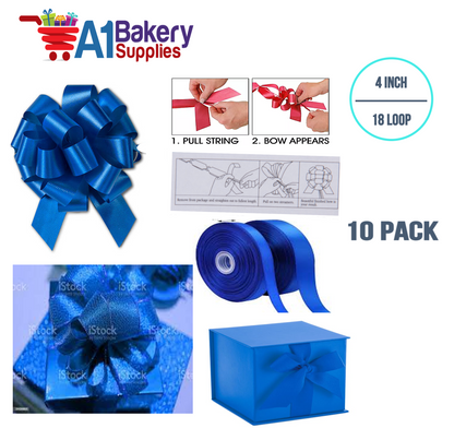 A1BakerySupplies 10 Pieces Pull Bow for Gift Wrapping Gift Bows Pull Bow With Ribbon for Wedding Gift Baskets, 4 Inch 18 Loop Royal Blue Flora Satin Color