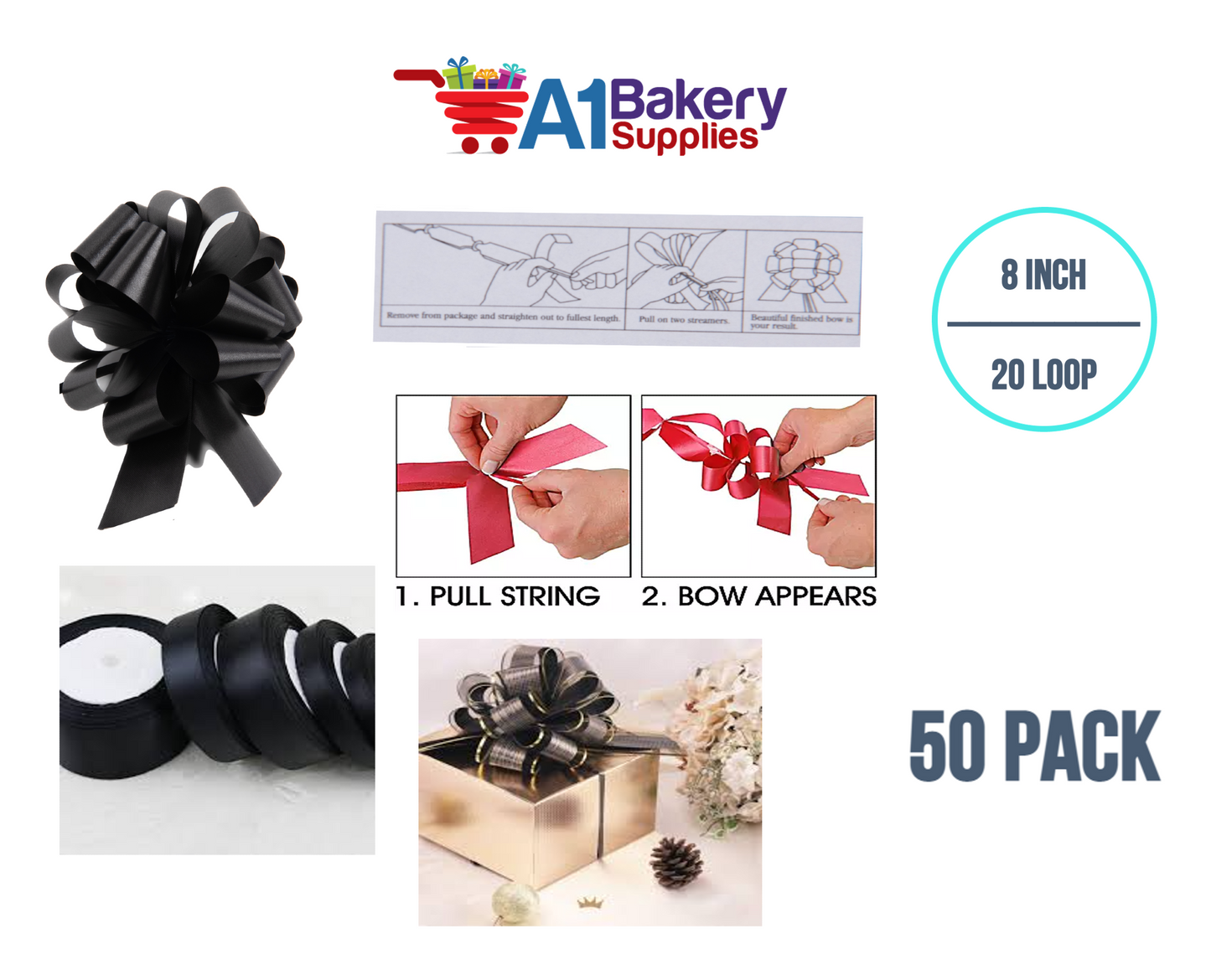 A1BakerySupplies 50 Pieces Pull Bow for Gift Wrapping Gift Bows Pull Bow With Ribbon for Wedding Gift Baskets, 8 Inch 20 Loop Black Flora Satin Color
