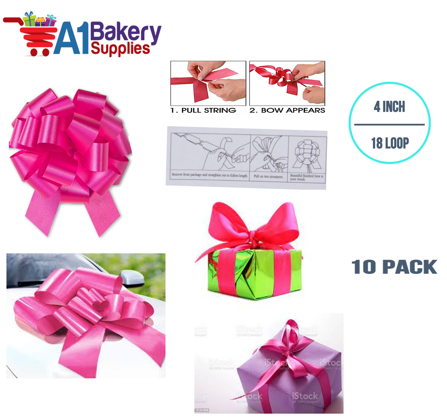 A1BakerySupplies 10 Pieces Pull Bow for Gift Wrapping Gift Bows Pull Bow With Ribbon for Wedding Gift Baskets, 4 Inch 18 Loop in Pink Beauty Flora Satin Color