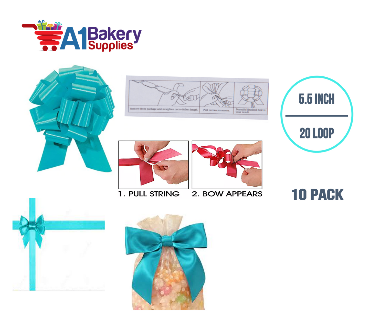 A1BakerySupplies 10 Pieces Pull Bow for Gift Wrapping Gift Bows Pull Bow With Ribbon for Wedding Gift Baskets, 5.5 Inch 20 Loop in Turquoise Color