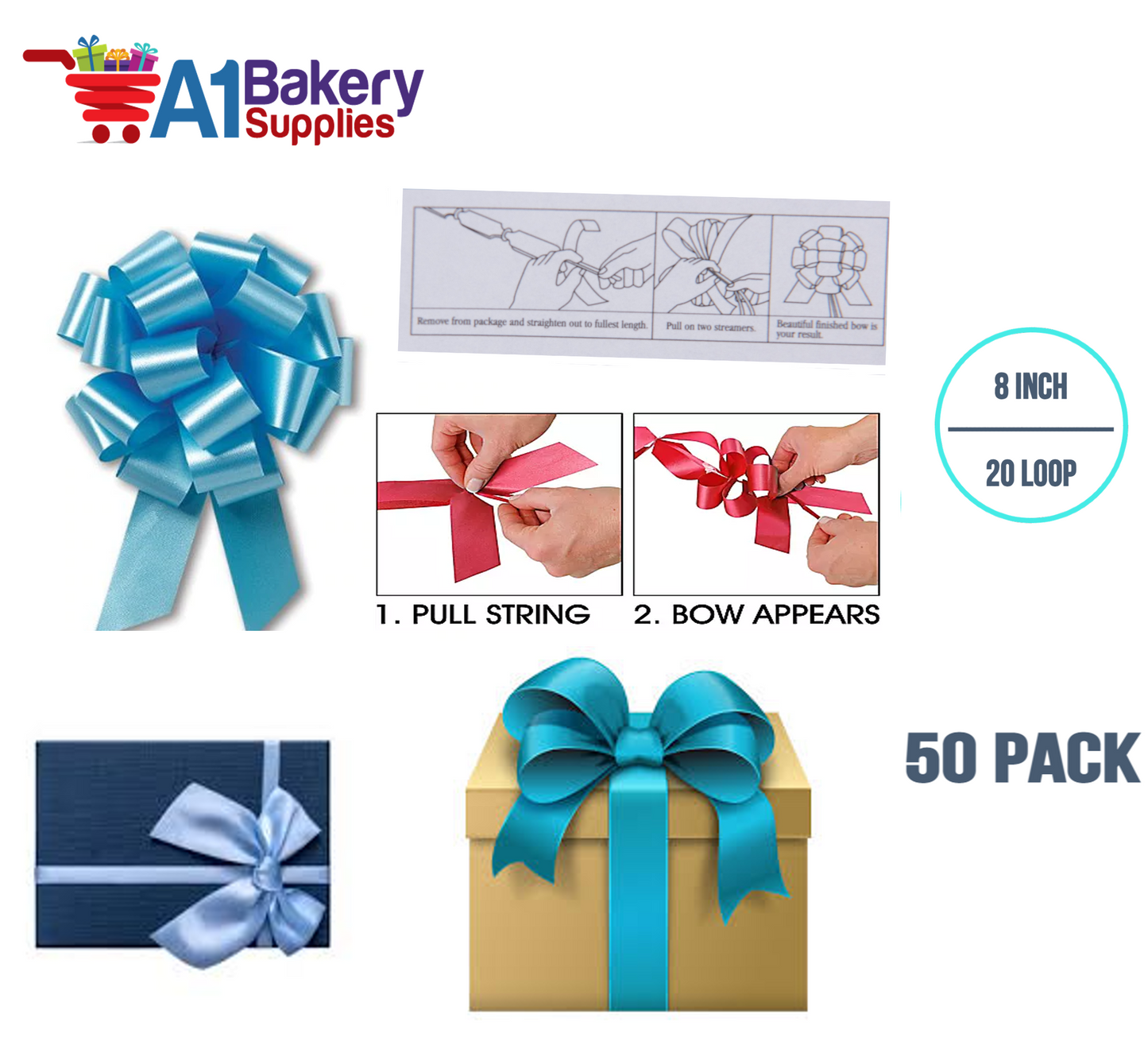 A1BakerySupplies 50 Pieces Pull Bow for Gift Wrapping Gift Bows Pull Bow With Ribbon for Wedding Gift Baskets, 8 Inch 20 Loop Light Blue Flora Satin Color