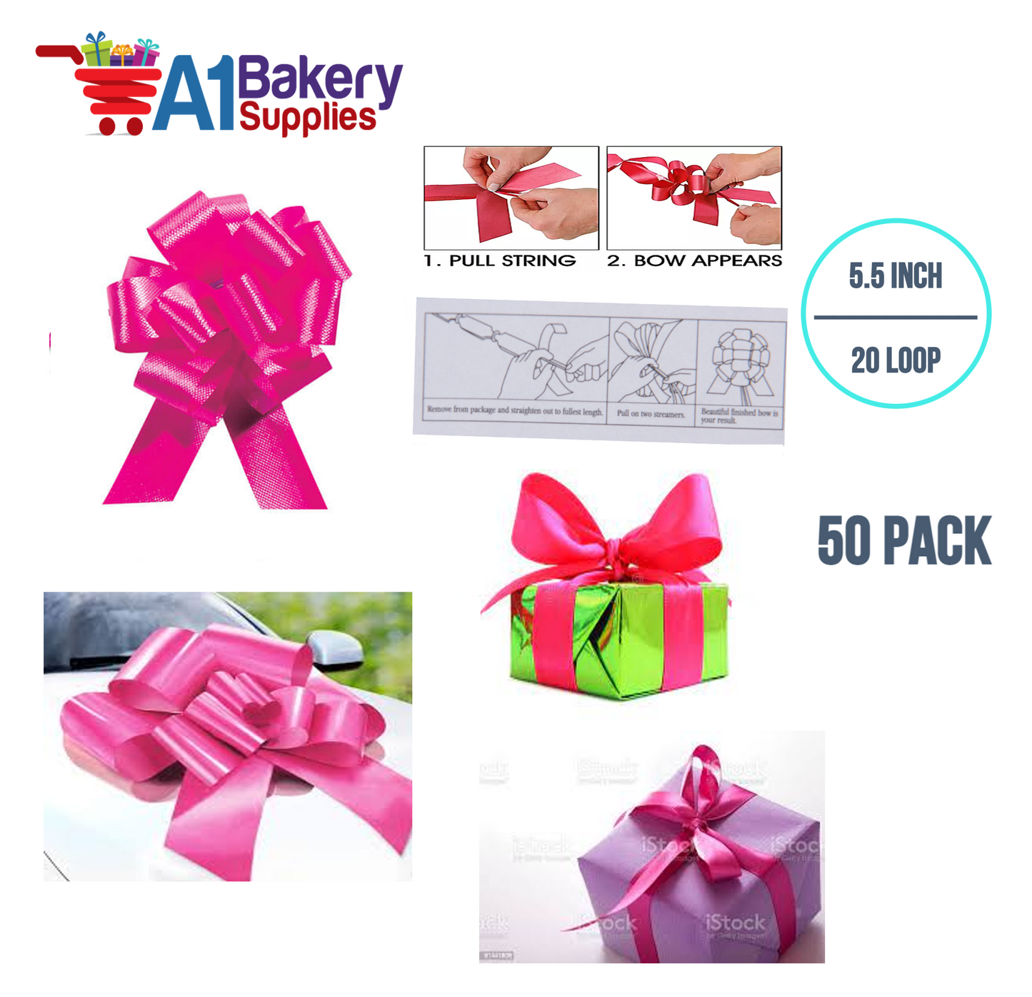 A1BakerySupplies 50 Pieces Pull Bow for Gift Wrapping Gift Bows Pull Bow With Ribbon for Wedding Gift Baskets, 5.5 Inch 20 Loop in Pink Beauty Color