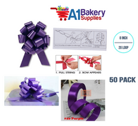 A1BakerySupplies 50 Pieces Pull Bow for Gift Wrapping Gift Bows Pull Bow With Ribbon for Wedding Gift Baskets, 8 Inch 20 Loop Purple Flora Satin Color