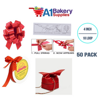 A1BakerySupplies 50 Pieces Pull Bow for Gift Wrapping Gift Bows Pull Bow With Ribbon for Wedding Gift Baskets, 4 Inch 18 Loop in Hot Red Flora Satin Color