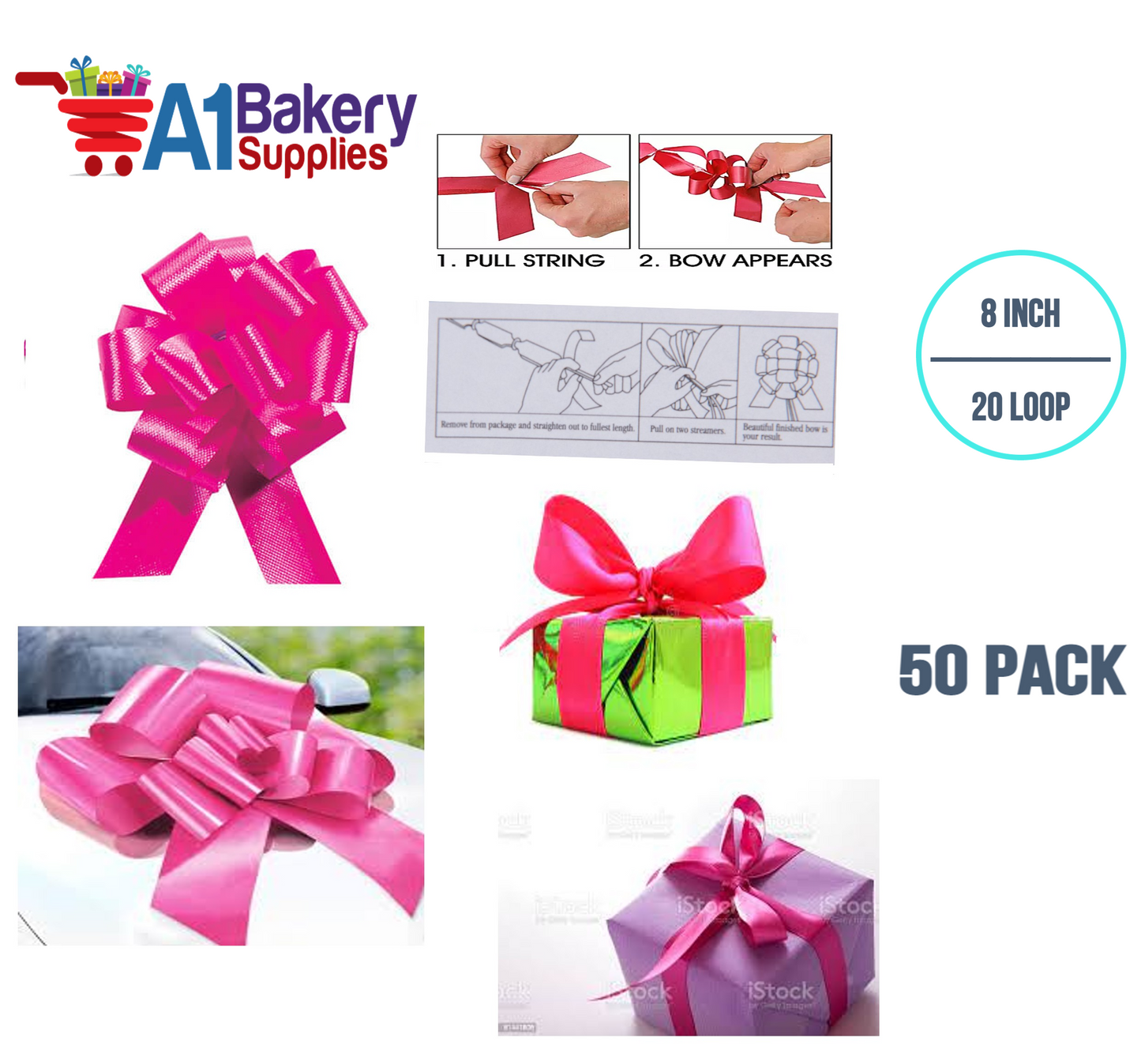 A1BakerySupplies 50 Pieces Pull Bow for Gift Wrapping Gift Bows Pull Bow With Ribbon for Wedding Gift Baskets, 8 Inch 20 Loop Pink Beauty Flora Satin Color