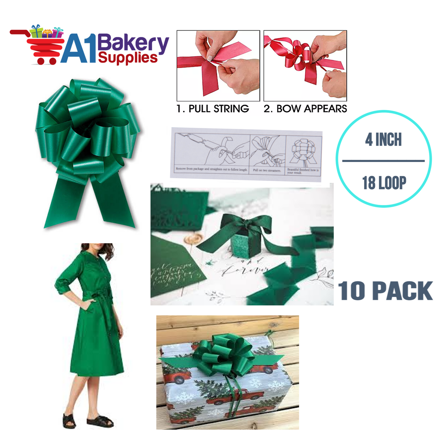 A1BakerySupplies 10 Pieces Pull Bow for Gift Wrapping Gift Bows Pull Bow With Ribbon for Wedding Gift Baskets, 4 Inch 18 Loop Emerald Green Flora Satin Color