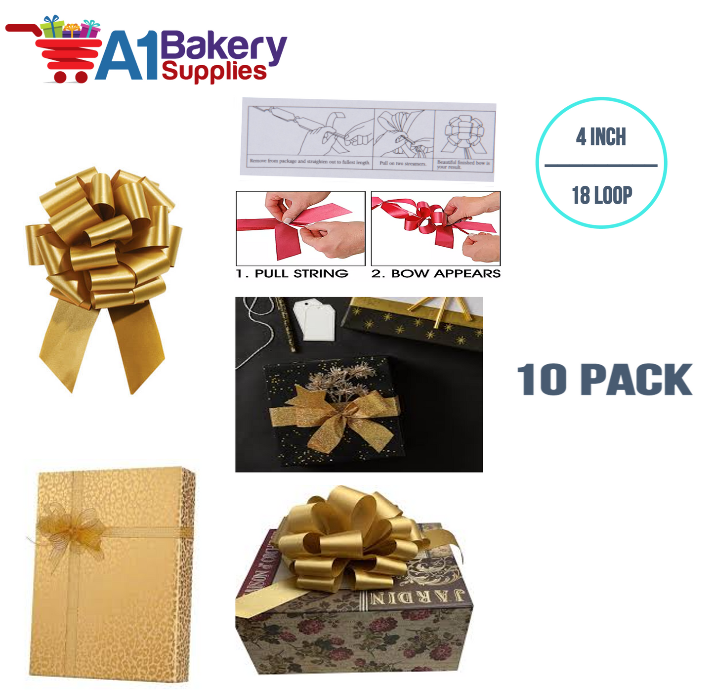 A1BakerySupplies 10 Pieces Pull Bow for Gift Wrapping Gift Bows Pull Bow With Ribbon for Wedding Gift Baskets, 4 Inch 18 Loop Holiday Gold Flora Satin Color