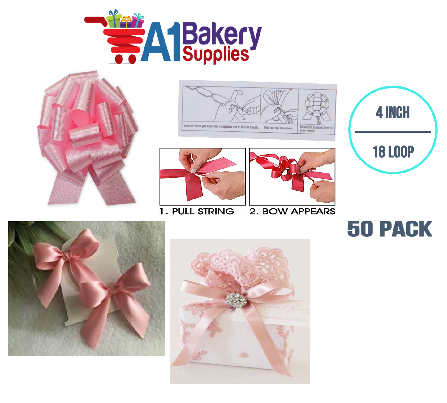 A1BakerySupplies 50 Pieces Pull Bow for Gift Wrapping Gift Bows Pull Bow With Ribbon for Wedding Gift Baskets, 4 Inch 18 Loop in Baby Pink Flora Satin Color