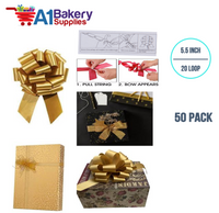 A1BakerySupplies 50 Pieces Pull Bow for Gift Wrapping Gift Bows Pull Bow With Ribbon for Wedding Gift Baskets, 5.5 Inch 20 Loop in Holiday Gold Color