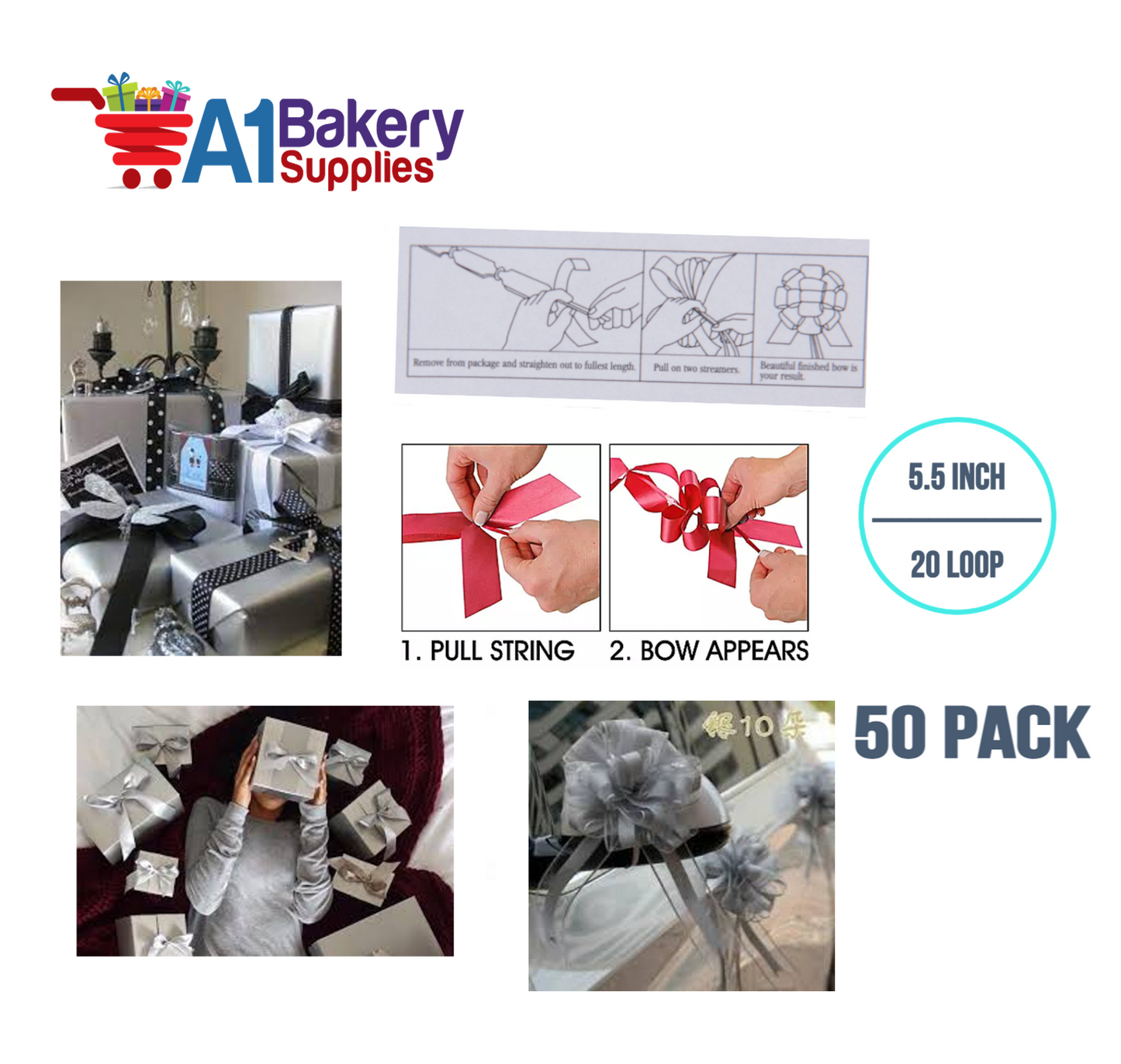 A1BakerySupplies 50 Pieces Pull Bow for Gift Wrapping Gift Bows Pull Bow With Ribbon for Wedding Gift Baskets, 5.5 Inch 20 Loop in Silver Color