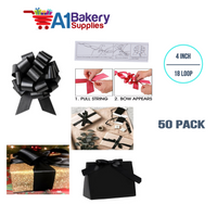A1BakerySupplies 50 Pieces Pull Bow for Gift Wrapping Gift Bows Pull Bow With Ribbon for Wedding Gift Baskets, 4 Inch 18 Loop Black Flora Satin Color