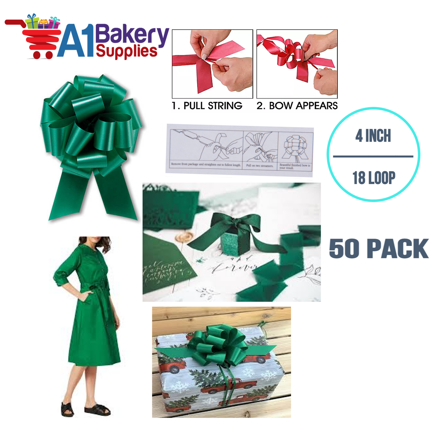 A1BakerySupplies 50 Pieces Pull Bow for Gift Wrapping Gift Bows Pull Bow With Ribbon for Wedding Gift Baskets, 4 Inch 18 Loop Emerald Green Flora Satin Color