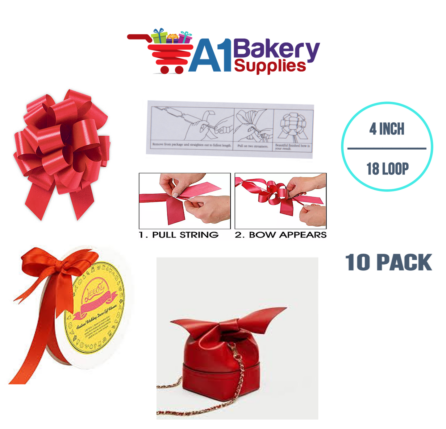 A1BakerySupplies 10 Pieces Pull Bow for Gift Wrapping Gift Bows Pull Bow With Ribbon for Wedding Gift Baskets, 4 Inch 18 Loop in Hot Red Flora Satin Color