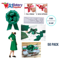 A1BakerySupplies 50 Pieces Pull Bow for Gift Wrapping Gift Bows Pull Bow With Ribbon for Wedding Gift Baskets, 8 Inch 20 Loop Emerald Green Flora Satin Color