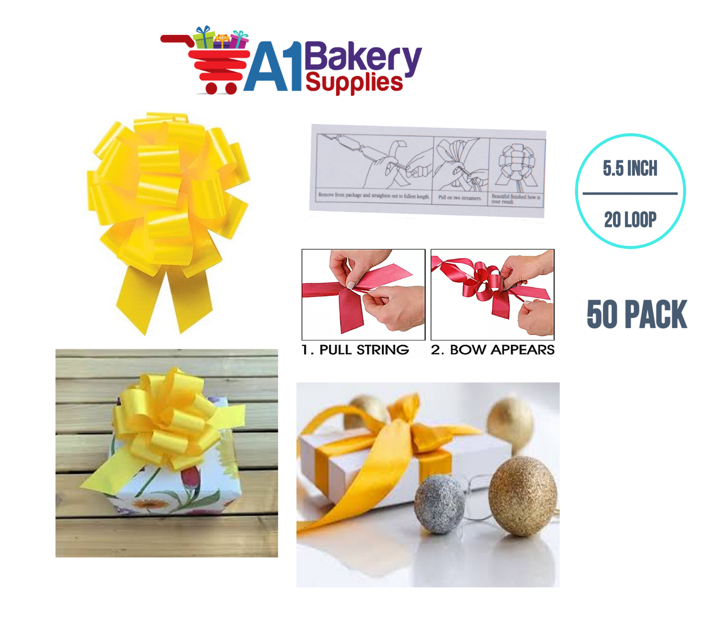 A1BakerySupplies 50 Pieces Pull Bow for Gift Wrapping Gift Bows Pull Bow With Ribbon for Wedding Gift Baskets, 5.5 Inch 20 Loop in  Yellow Color