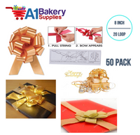 A1BakerySupplies 50 Pieces Pull Bow for Gift Wrapping Gift Bows Pull Bow With Ribbon for Wedding Gift Baskets, 8 Inch 20 Loop Gold Flora Satin Color