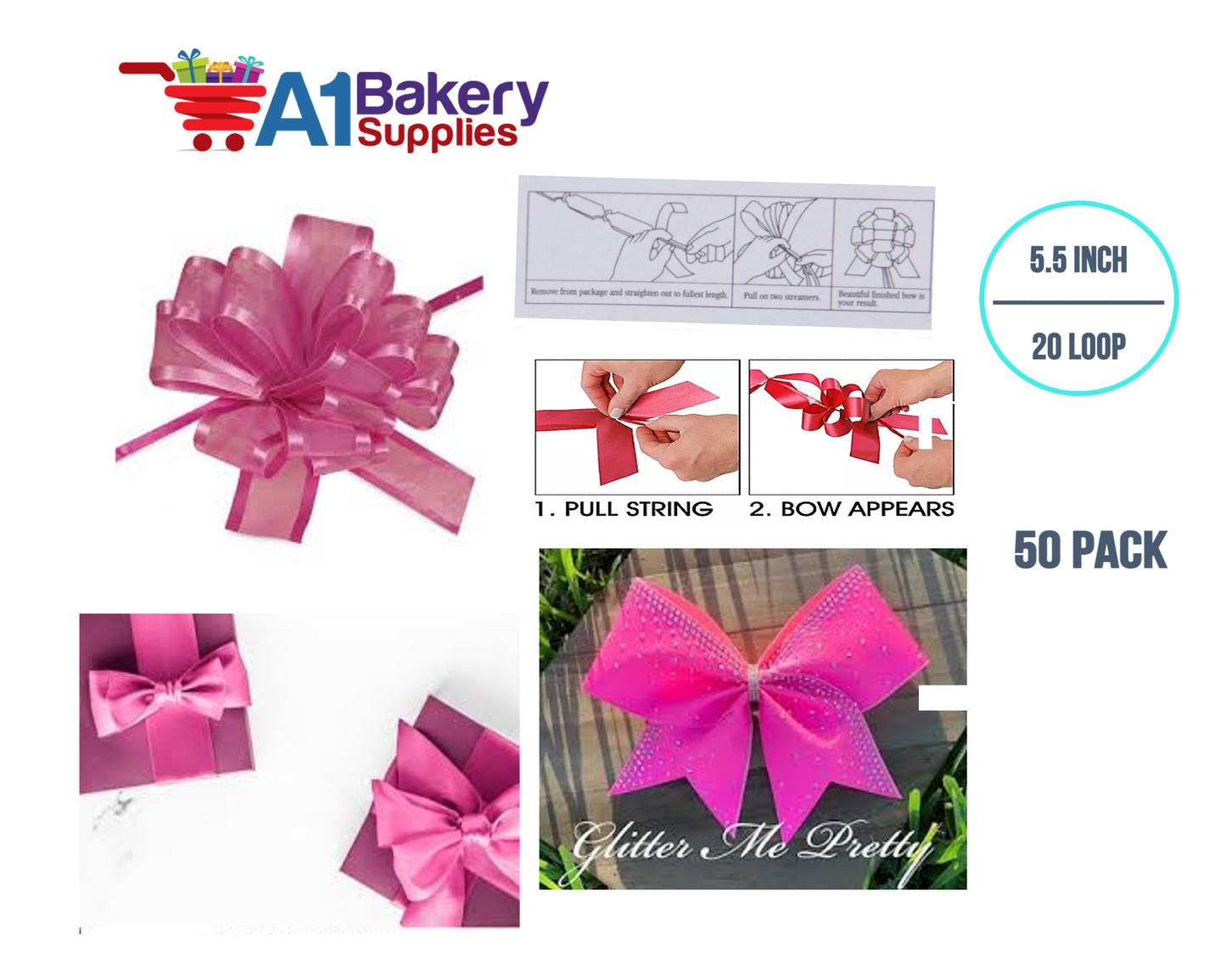 A1BakerySupplies 50 Pieces Pull Bow for Gift Wrapping Gift Bows Pull Bow With Ribbon for Wedding Gift Baskets, 5.5 Inch 20 Loop in Hot Pink Color