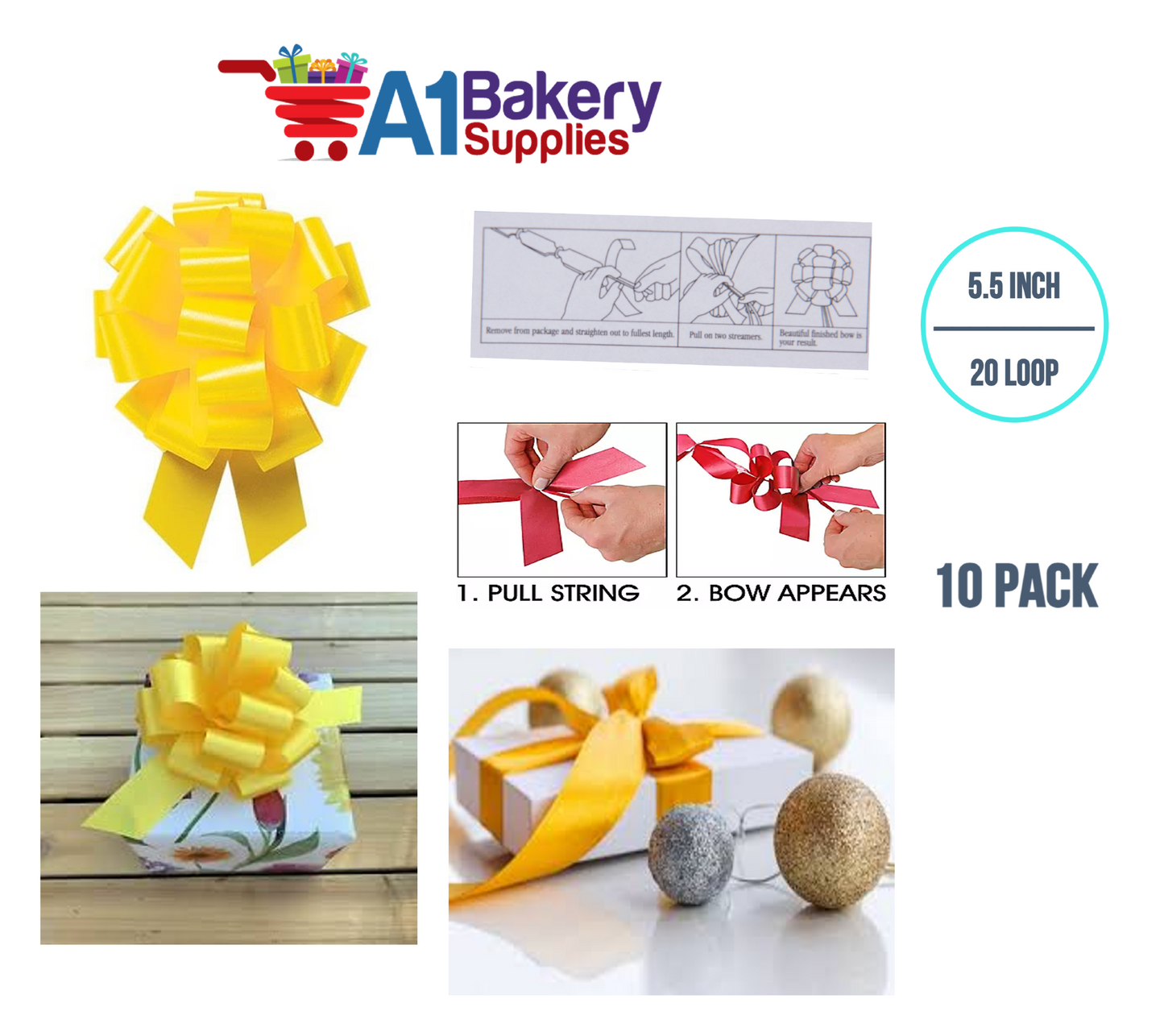 A1BakerySupplies 10 Pieces Pull Bow for Gift Wrapping Gift Bows Pull Bow With Ribbon for Wedding Gift Baskets, 5.5 Inch 20 Loop in  Yellow Color