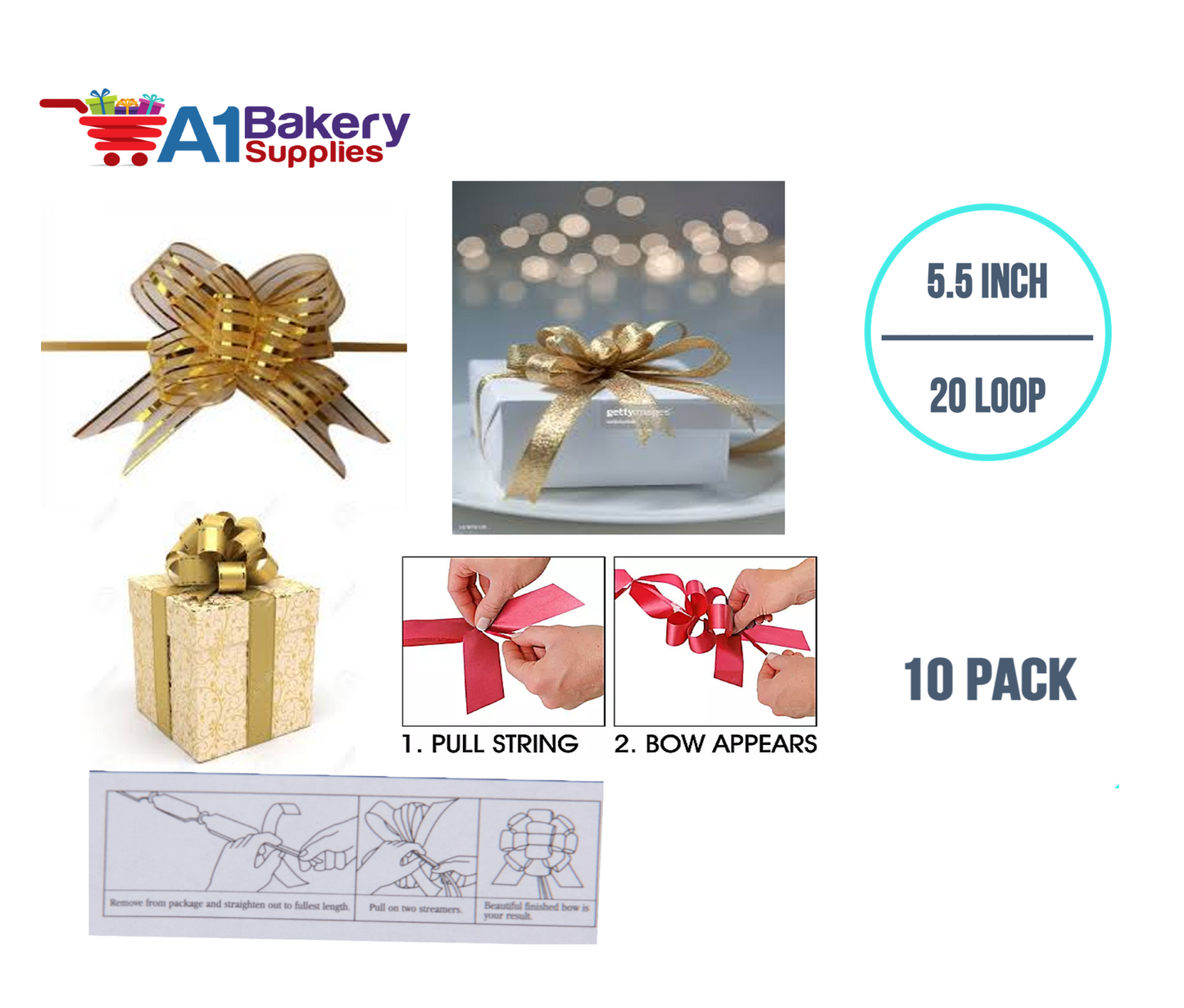 A1BakerySupplies 10 Pieces Pull Bow for Gift Wrapping Gift Bows Pull Bow With Ribbon for Wedding Gift Baskets, 5.5 Inch 20 Loop in Gold Color