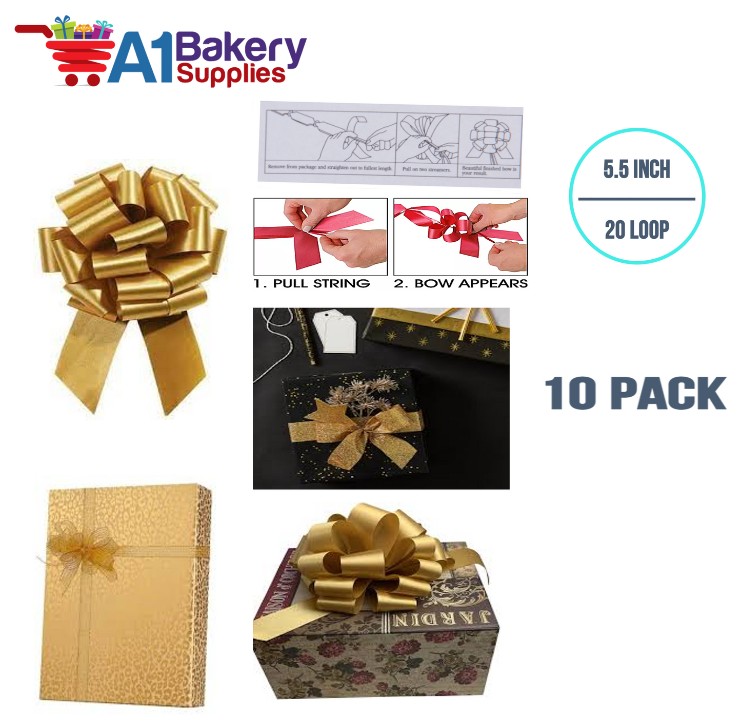 A1BakerySupplies 10 Pieces Pull Bow for Gift Wrapping Gift Bows Pull Bow With Ribbon for Wedding Gift Baskets, 5.5 Inch 20 Loop in Holiday Gold Color