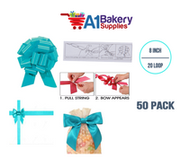 A1BakerySupplies 50 Pieces Pull Bow for Gift Wrapping Gift Bows Pull Bow With Ribbon for Wedding Gift Baskets, 8 Inch 20 Loop Turquoise Flora Satin Color