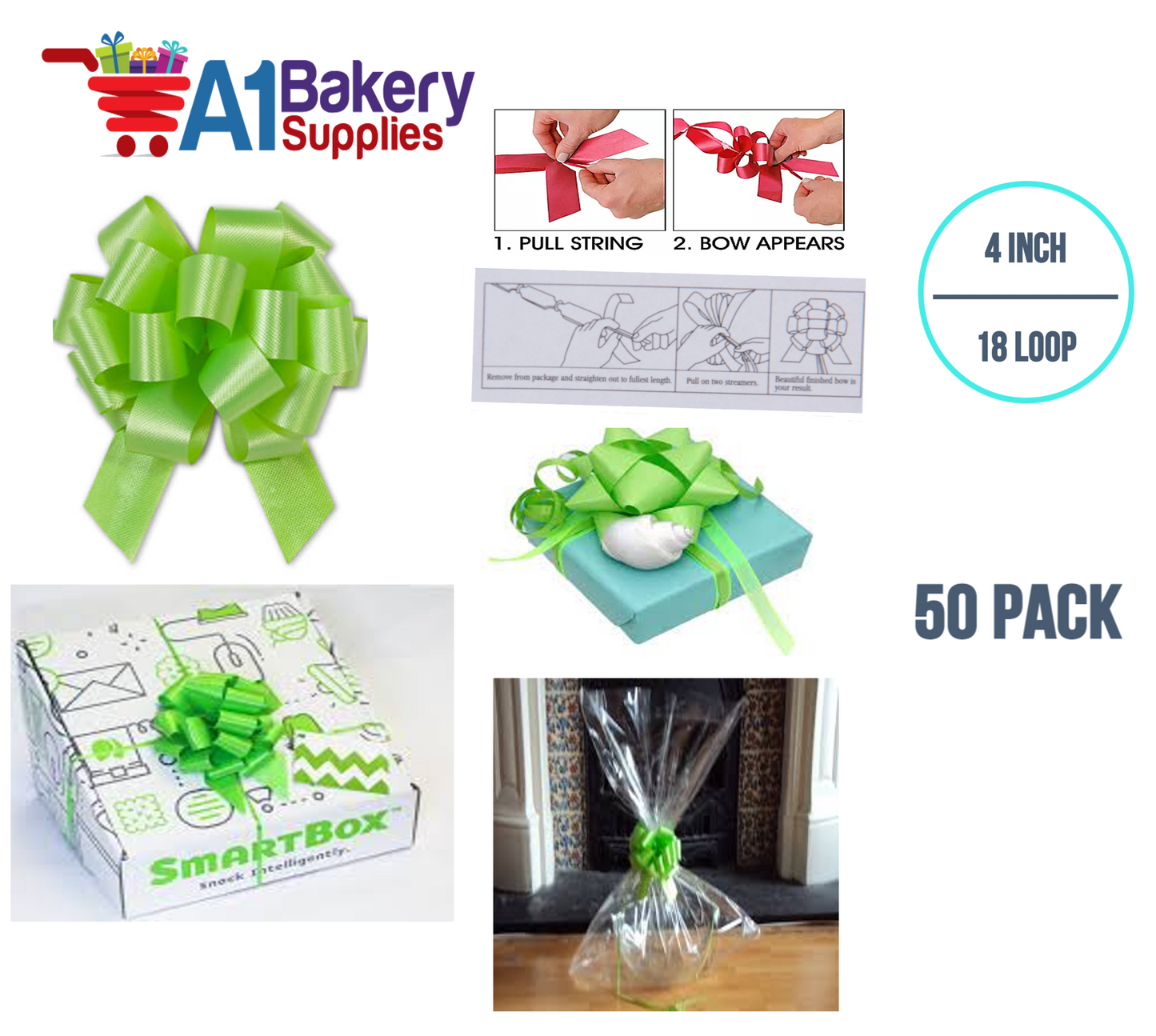 A1BakerySupplies 50 Pieces Pull Bow for Gift Wrapping Gift Bows Pull Bow With Ribbon for Wedding Gift Baskets, 4 Inch 18 Loop Citrus Green Flora Satin Color