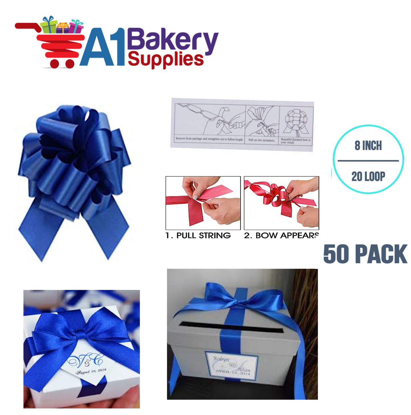 A1BakerySupplies 50 Pieces Pull Bow for Gift Wrapping Gift Bows Pull Bow With Ribbon for Wedding Gift Baskets, 8 Inch 20 Loop Royal Blue Flora Satin Color