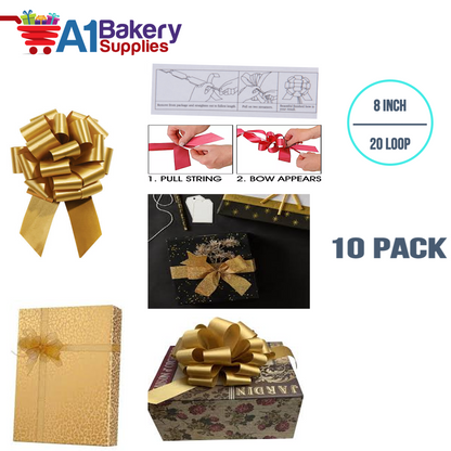 A1BakerySupplies 10 Pieces Pull Bow for Gift Wrapping Gift Bows Pull Bow With Ribbon for Wedding Gift Baskets, 8 Inch 20 Loop Holiday Gold Flora Satin Color