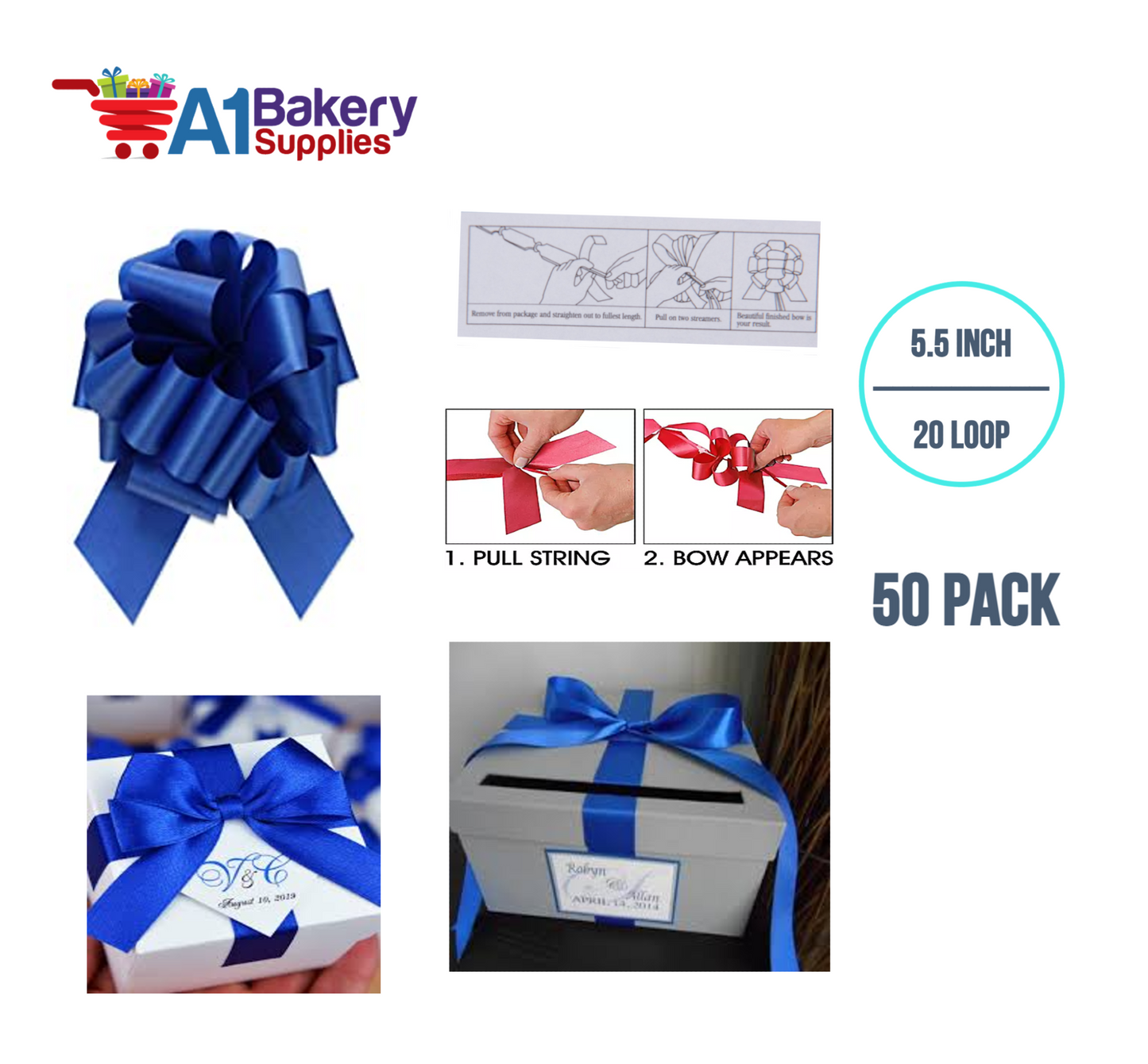 A1BakerySupplies 50 Pieces Pull Bow for Gift Wrapping Gift Bows Pull Bow With Ribbon for Wedding Gift Baskets, 5.5 Inch 20 Loop in Royal Blue Color