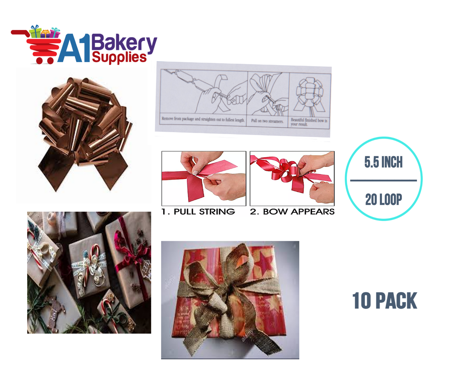 A1BakerySupplies 10 Pieces Pull Bow for Gift Wrapping Gift Bows Pull Bow With Ribbon for Wedding Gift Baskets, 5.5 Inch 20 Loop in Chocolate Color