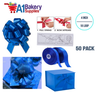 A1BakerySupplies 50 Pieces Pull Bow for Gift Wrapping Gift Bows Pull Bow With Ribbon for Wedding Gift Baskets, 4 Inch 18 Loop Royal Blue Flora Satin Color