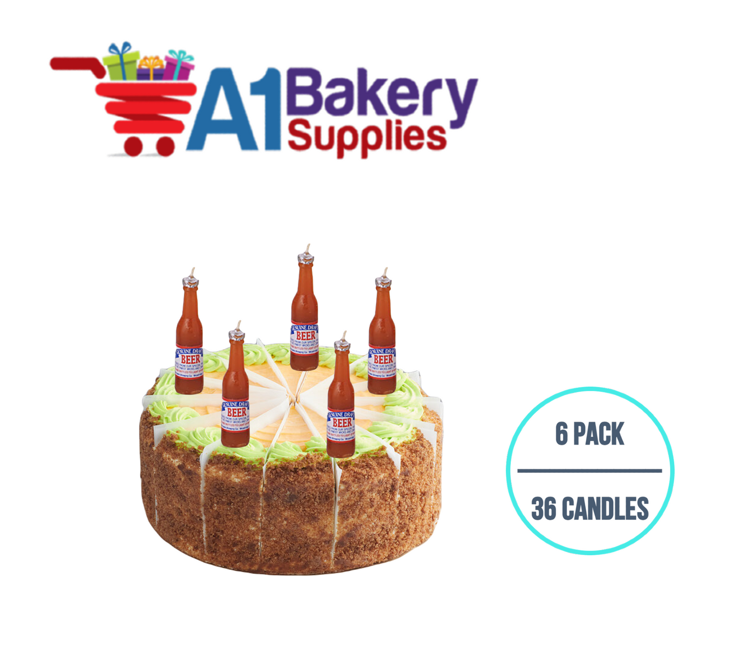 A1BakerySupplies Beer Bottle Novelty Candles 6 pack for Birthday Cake Decorations and Anniversary
