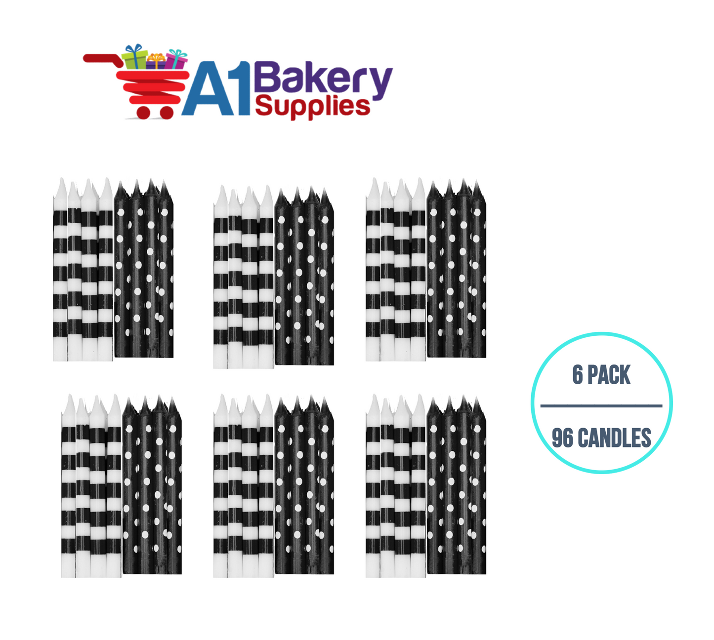 A1BakerySupplies Black And White Stripes And Dots Candles 6 pack for Birthday Cake Decorations and Anniversary