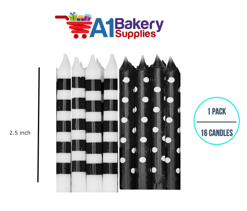 A1BakerySupplies Black And White Stripes And Dots Candles 1 pack for Birthday Cake Decorations and Anniversary