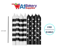 A1BakerySupplies Black And White Stripes And Dots Candles 6 pack for Birthday Cake Decorations and Anniversary